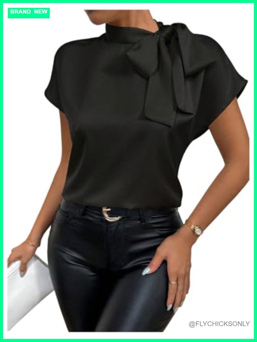 Satin Bow Tie Mock Neck Fancy Blouse Dressy Shirt Top